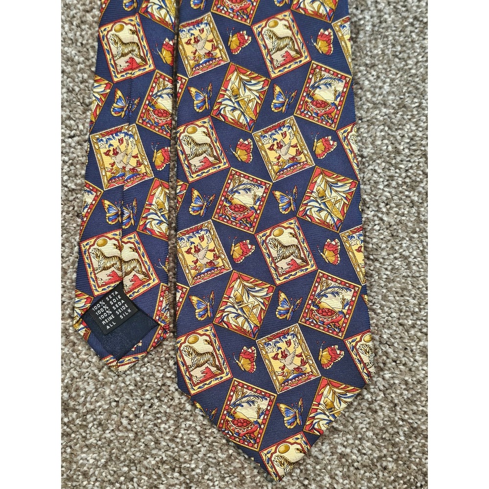 Vintage Kieselstein-Cord Silk‎ Tie Navy Blue Tiger Butterfly Celestial Print